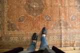 Distressed Turkish Kaisery carpet showcasing plush pile with dusty rose and slate grey floral motifs.