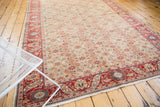 Corner of a vintage Kaisary carpet, showing cherry red border and pale seafoam Herati pattern.