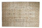 Hand-knotted Vintage Distressed Sparta carpet, allover floral palmettes in ivory, beige, and blue.