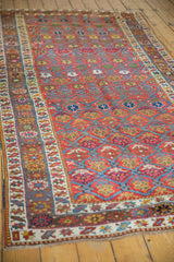 Allover germinating plant motif in raspberry red and sky blue on an antique Northwest Persian rug.