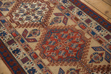 Close view of the hooked medallion and Laleh Abbasi border on an antique Persian Serab runner.