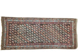 Antique Persian Kurdish runner with allover repeating boteh pattern in charcoal, blush, ivory, and sky blue, 4'5
