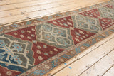 Antique Distressed Malayer runner's geometric motifs, showing wine red and sea foam green textures.