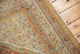 Vintage Distressed Sivas carpet corner, Mir Serbend boteh pattern, burnt orange, blue, fringe.