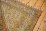 Distressed Sivas carpet corner, Mir Serbend pattern in burnt orange and powder blue.