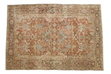 Vintage distressed Heriz carpet, allover geometric design with softened red, blue, and neutral tones, 6'7