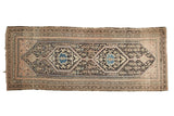 Vintage Hamadan rug runner, double diamond medallions in navy, sky blue, and pale blush.