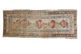 Antique Caucasian runner, single medallion, low pile, geometric borders, ivory, red, blue. 3'5