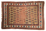 Antique Caucasian rug with allover guls, unusual gold ground, geometric border, foundation showing.
