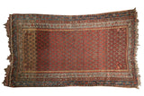 Vintage Kurdish Hamadan rug, brick red field with allover germinating plant motif, blue, ivory borders.
