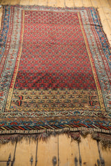 Vintage Kurdish Hamadan rug, brick red germinating plant motif, gold borders, and tattered ends.