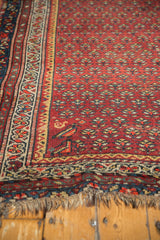 Vintage Kurdish Hamadan rug: detailed border, repeating plant motifs, bird design, and tattered fringe.