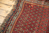 Kurdish Hamadan rug detail: brick red field, germinating plant motifs, low pile, tattered fringe.