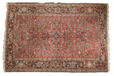 Vintage hand-knotted Persian Mehrivan carpet, cherry red field, allover dramatic serrated leaves.