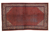 Vintage Persian Mir Sarouk rug, rust red allover boteh pattern, visible foundation wear, 4x7.