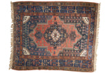 Vintage Kurdish Bijar square rug with central medallion and scrolling vinery in navy, brick red, ivory.