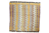Vintage Jijim square rug, striped zigzag chevron design. Gold, ivory, beige, purple colors.