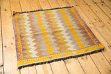Geometric zigzag motif meeting purple border with yellow stitch on vintage Jijim rug.