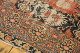 Wide border of vintage Malayer rug, intricate gold, red, navy patterns, field wear.