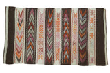 Vintage Jijim rug, horizontal banded stripes with ivory, charcoal, raspberry, tangerine geometric patterns.