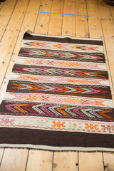 Banded raspberry, tangerine, and charcoal geometric patterns with fringe on a Jijim rug.