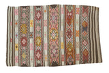 Hand-knotted vintage Jijim rug, vibrant geometric banded stripes in beige, red, and orange.