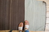 Hand-woven vintage Turkish Kilim runner with striating chocolate brown and silver bands.