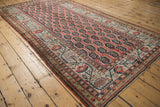 Antique Kurdish runner detail: cinnabar red field, unique germinating botehs, multi-hued ivory border.