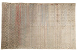 Vintage Distressed Oushak rug with allover trellis, muted beige, striped red and blue, 4'10