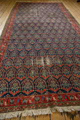 Vintage Malayer runner's field with germinating boteh motif, low pile, red border, and fringe.