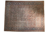 Vintage Heriz carpet with oversized allover Herati motif, brick red and dusty navy blue.