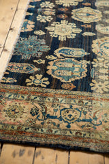 Antique Farahan Sarouk runner border; blush, ivory, teal floral vines, bold palmettes, low pile.