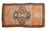 Vintage Oushak rug mat, brown serrated medallion, tangerine plant motifs, camel field. 1'7