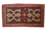 Hand-knotted vintage Oushak rug mat with wine red field, light crab medallions, zigzag border.