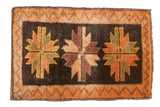 Vintage Oushak rug mat, triple floral medallions, zig zag border, dark brown, tangerine, wine red.