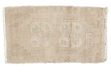 Distressed Oushak rug mat, double medallion and trefoil motifs in ivory, pale seafoam, sand.