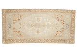 Vintage distressed Oushak rug runner, ivory, terracotta, pale blue floral medallion, 1'10