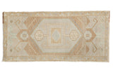 Vintage Distressed Oushak runner, rams horn medallion, soft neutral tones, 1'7