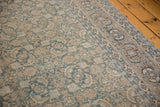 Vintage Tabriz carpet's Herati motif field and classic Samovar border. Seafoam, ivory, and coffee tones.