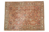Distressed vintage Heriz carpet, 6x8, with allover geometric floral palmettes in warm reds.