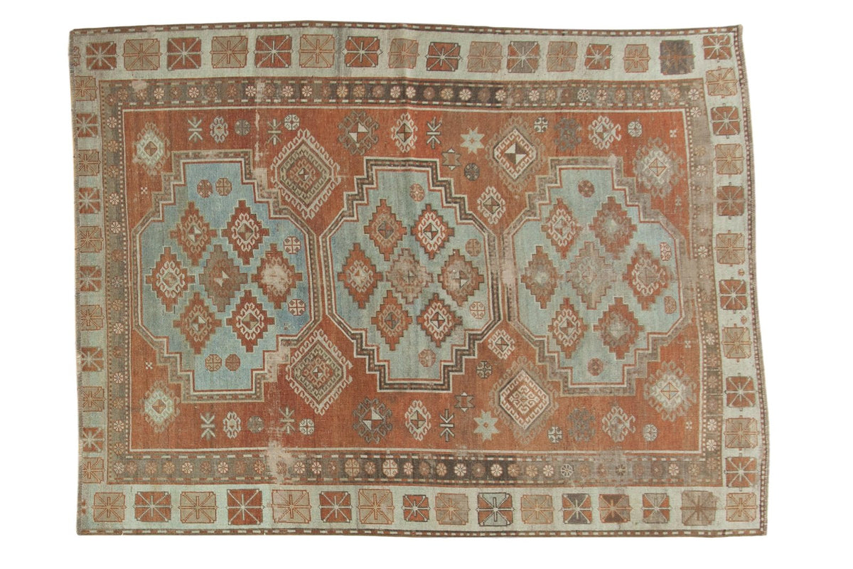 Distressed Afshar rug, geometric triple medallion, faded sky blue and terracotta, 5' x 6'8".