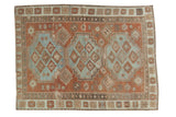Distressed Afshar rug, geometric triple medallion, faded sky blue and terracotta, 5' x 6'8