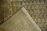 Distressed Mir boteh pattern, hand-knotted foundation, and secured side of vintage Malayer rug.