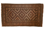 Vintage hand-knotted Belouch runner with triple geometric medallions in deep brown and soft tones.