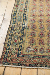 Dusty gold saffron Malayer rug shows blush, red paisley botehs and intricate blue borders.