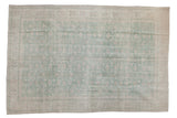 Vintage distressed hand knotted Turkish Sparta carpet, pale seafoam green mint, ivory circular vinery, 6'10