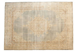 Vintage distressed Sivas carpet, faded denim blue abrashed field, ivory medallion with arabesques, 8'6