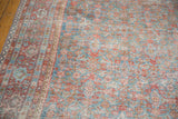 Textured distressed vintage Mahal carpet, sky blue and blush red Herati pattern.