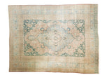 Distressed Khorassan rug with faded medallion, soft apricot, blue, and beige, 8'9