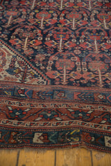 Close-up of the vintage Shiraz rug's worn brick red and navy borders with fine animal motifs.